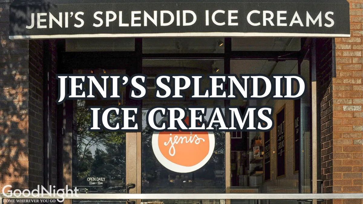 This image captures the exterior of Jeni’s Splendid Ice Creams, with a vibrant storefront sign, glass doors, and a cheerful, sunny atmosphere. People are seen enjoying their treats and socializing just outside, creating a lively, family-friendly vibe.