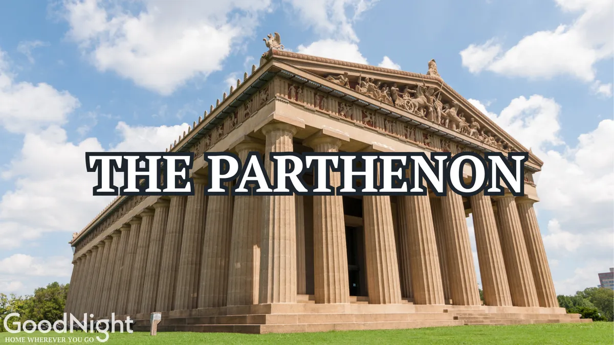 The iconic Parthenon stands tall, its detailed columns and classical frieze illuminated against the sky, attracting visitors who explore its historic architecture and surrounding green space.