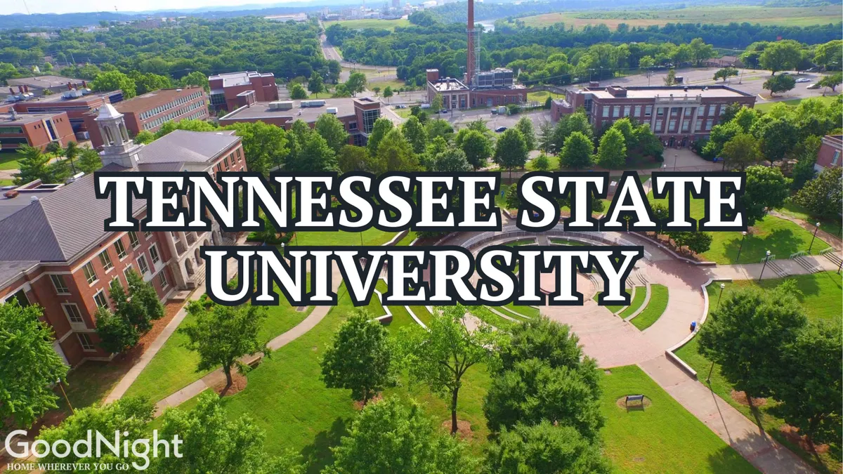 A vibrant exterior view of Vanderbilt University’s campus, with university buildings, green spaces, pathways, and students socializing outdoors. The scene is lively and welcoming, showing the energetic atmosphere of Midtown Nashville.