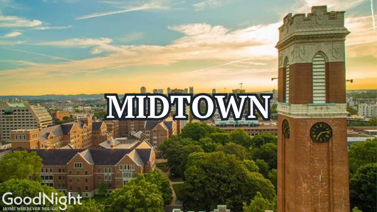 A picturesque view featuring a historic clock tower, lush greenery, and charming old buildings. The area is bustling with people enjoying walking tours, picnics, and outdoor gatherings, all under the golden light of sunset.