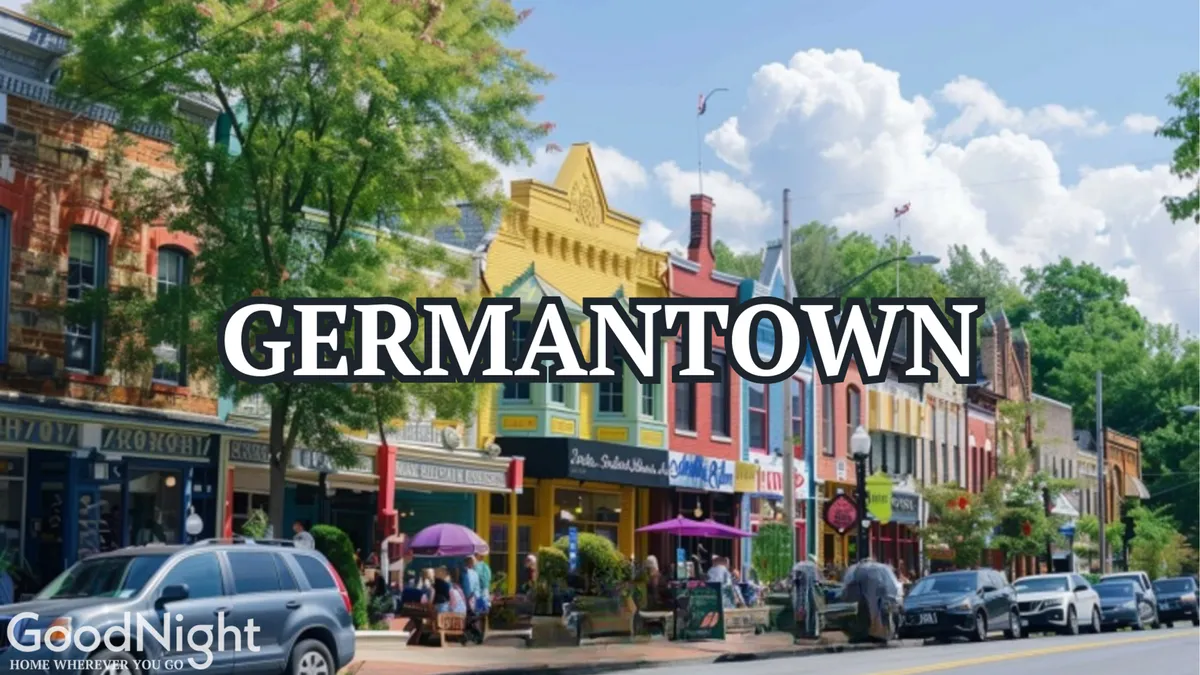 A lively Nashville street lined with colorful local storefronts, trees, and people walking hand-in-hand down the sidewalk. The scene evokes a sense of discovery, local dining, and boutique shopping.